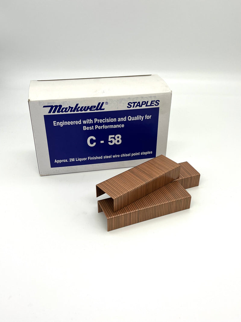 C58 Carton Closing Staples, 1-1/4" crown x 5/8" leg "C" type (3215) carton closing staple, copper colored. Can be used in all carton closing tools that are designed for "C" type, 1-1/4" crown 5/8 inch staples. 