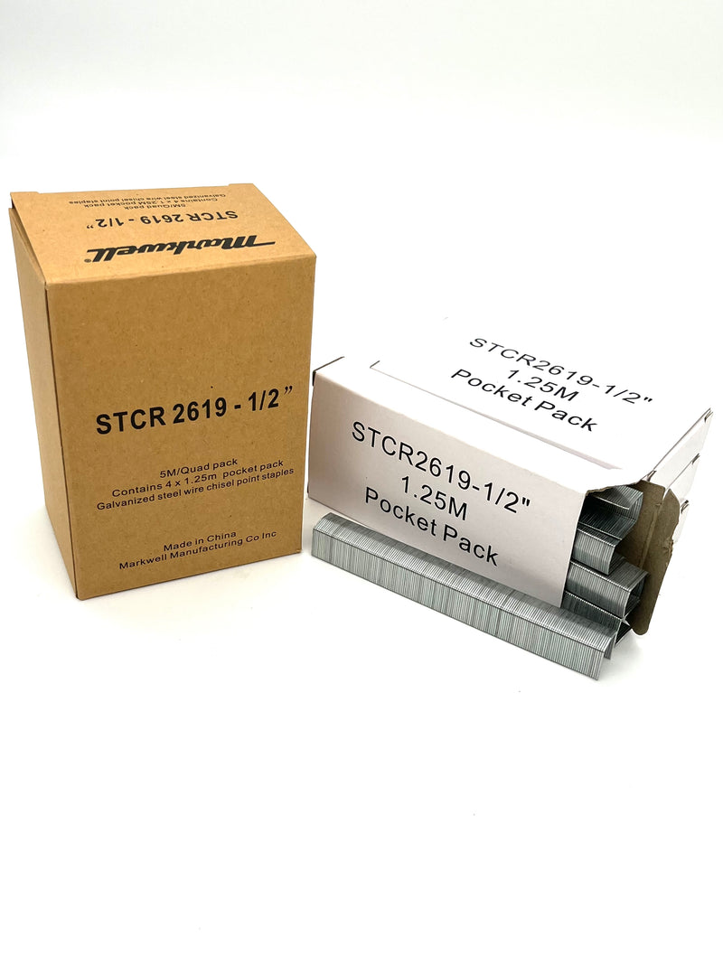STCR2619 1/2" Staples Quad Pack, These are fully interchangeable with branded products that use STCR2619 1/2" staples.  The packaging provides for easy convenient handling and safe storage. The pocket pack is designed to fit easily into a worker's shirt pocket.